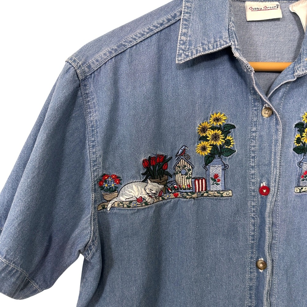 VTG 90s Cat Sunflower Embroidered Denim Shirt Small Cottagecore Bobbie Brooks